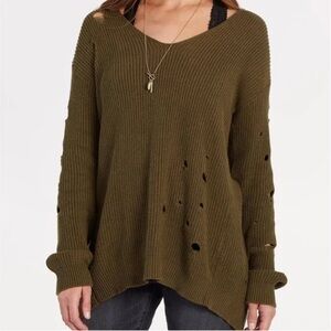 AQUA Green Distressed Open Back Sweater